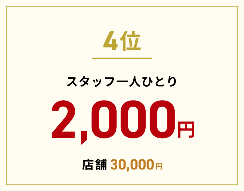 4位 スタッフ一人2,000円 店舗30,000円